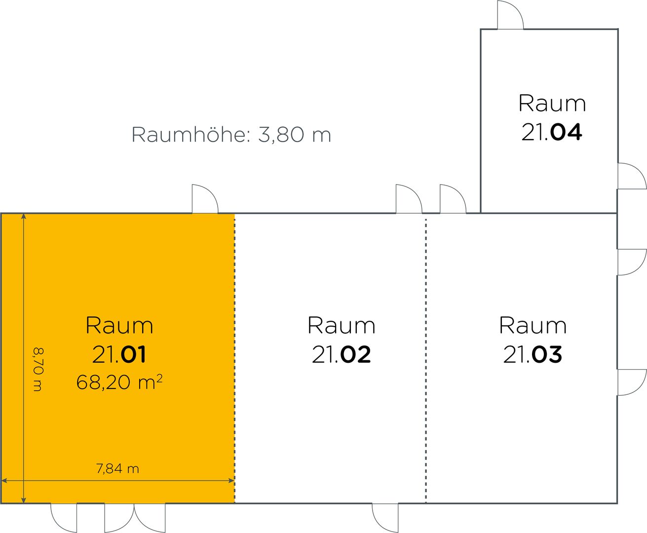 Lageplan vom Seminarraum 21 01 mit 68,20 m² und Raumhöhe 3,80 meter